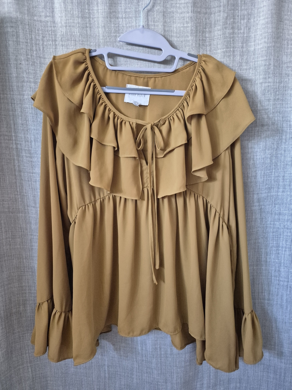 Moon River Mustard Ruffle Tie-Neck Tunic - M